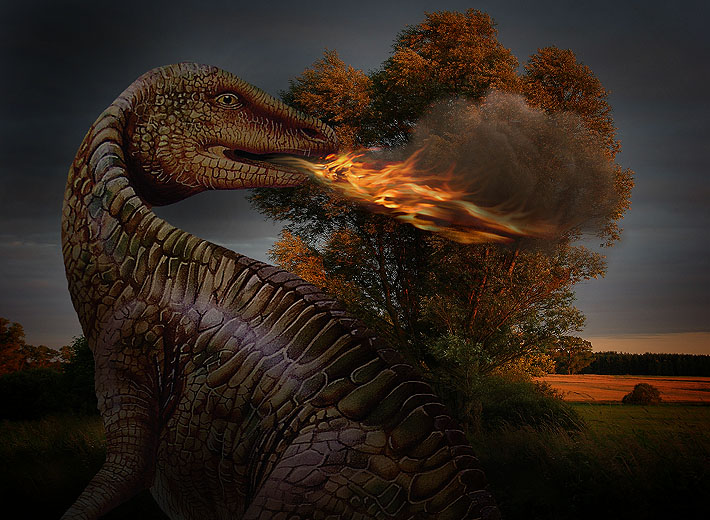 A dinosaur breathing methane fire